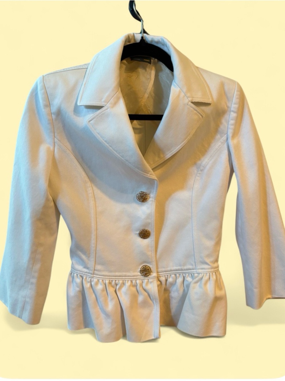 Vintage Fendi White Peplum Blazer Jacket Gold Logo Buttons Made in Italy Size 40